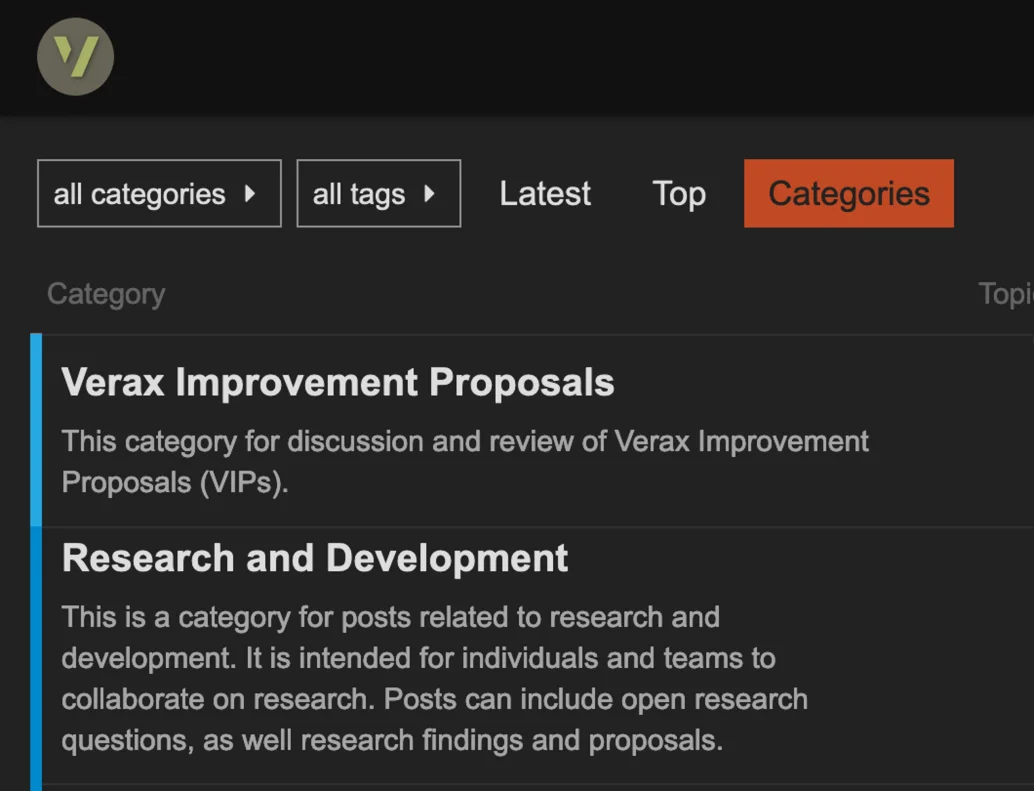 Verax governance forum listing the Verax Improvement Proposals and Research and Development categories